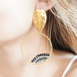 Earrings Leaf with handmade knittled stones blue and black