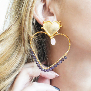 Earrings Hearts with handmade knitted purple stones